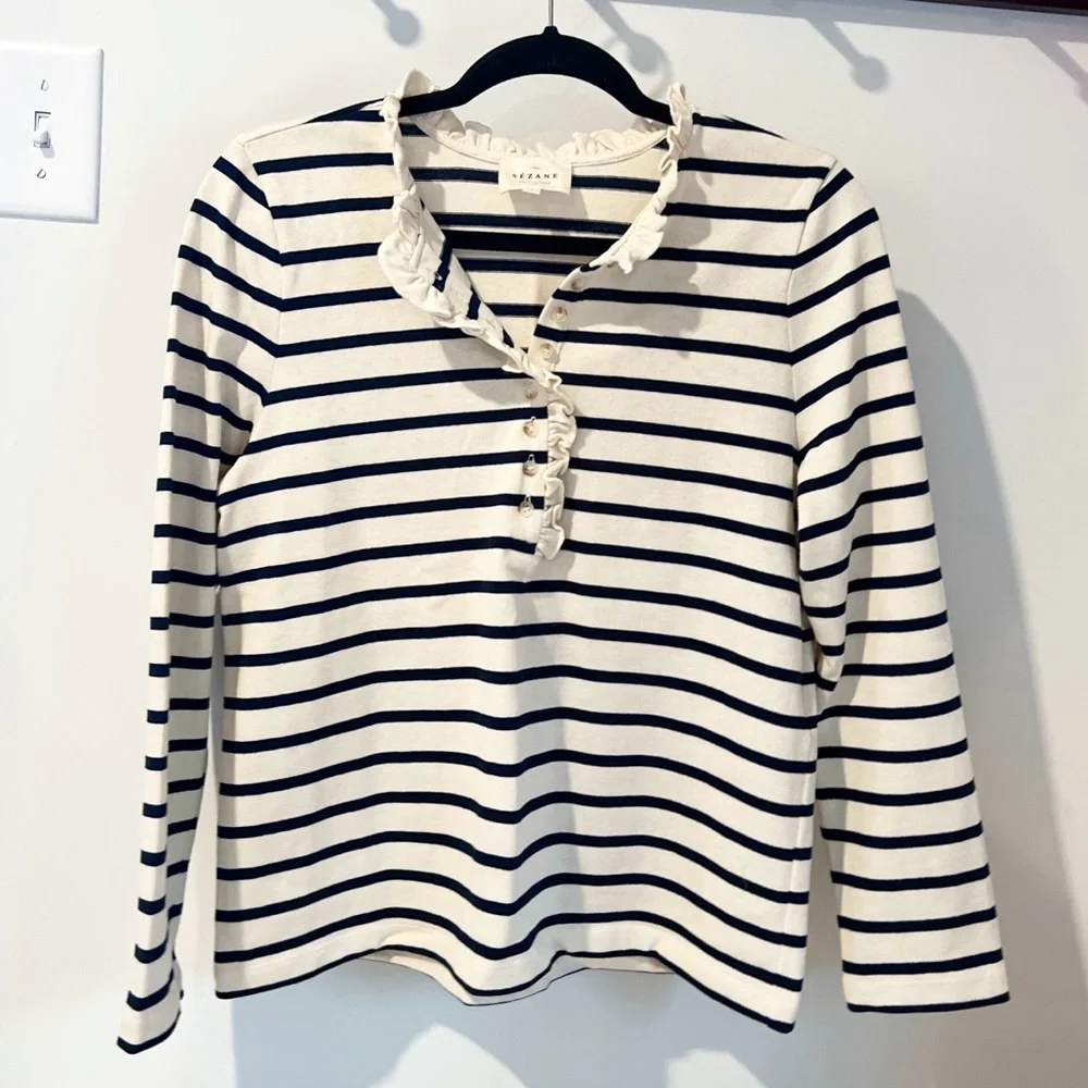 🆕 Sézane Gael Marinere Long Sleeve Shirt in Ecru Navy Small - Picture 4 of 9